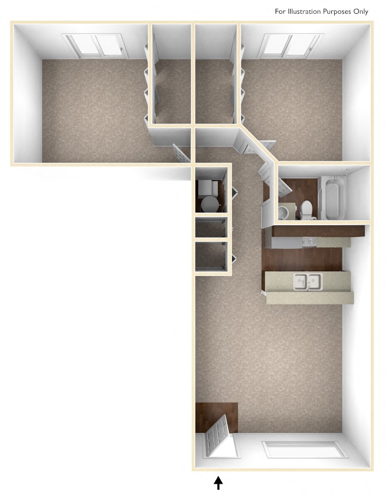 Floor plan for 2 beds, 1 bath, 785 sqft